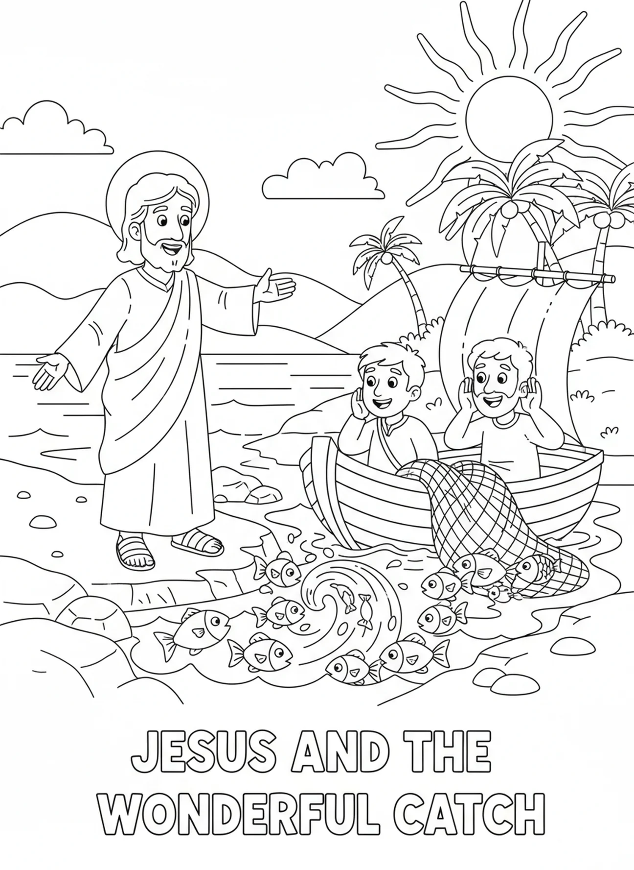 Jesus lehrt Fischer, Malvorlage Netze voller Fische für Kinder im Alter von 5-10 Jahren