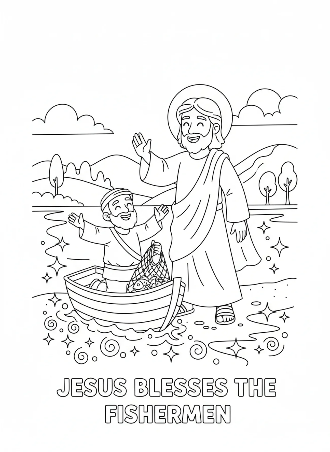 Jesus segnet Fischer, Ausmalbild Netze voller Fische für Kinder im Alter von 5-10 Jahren