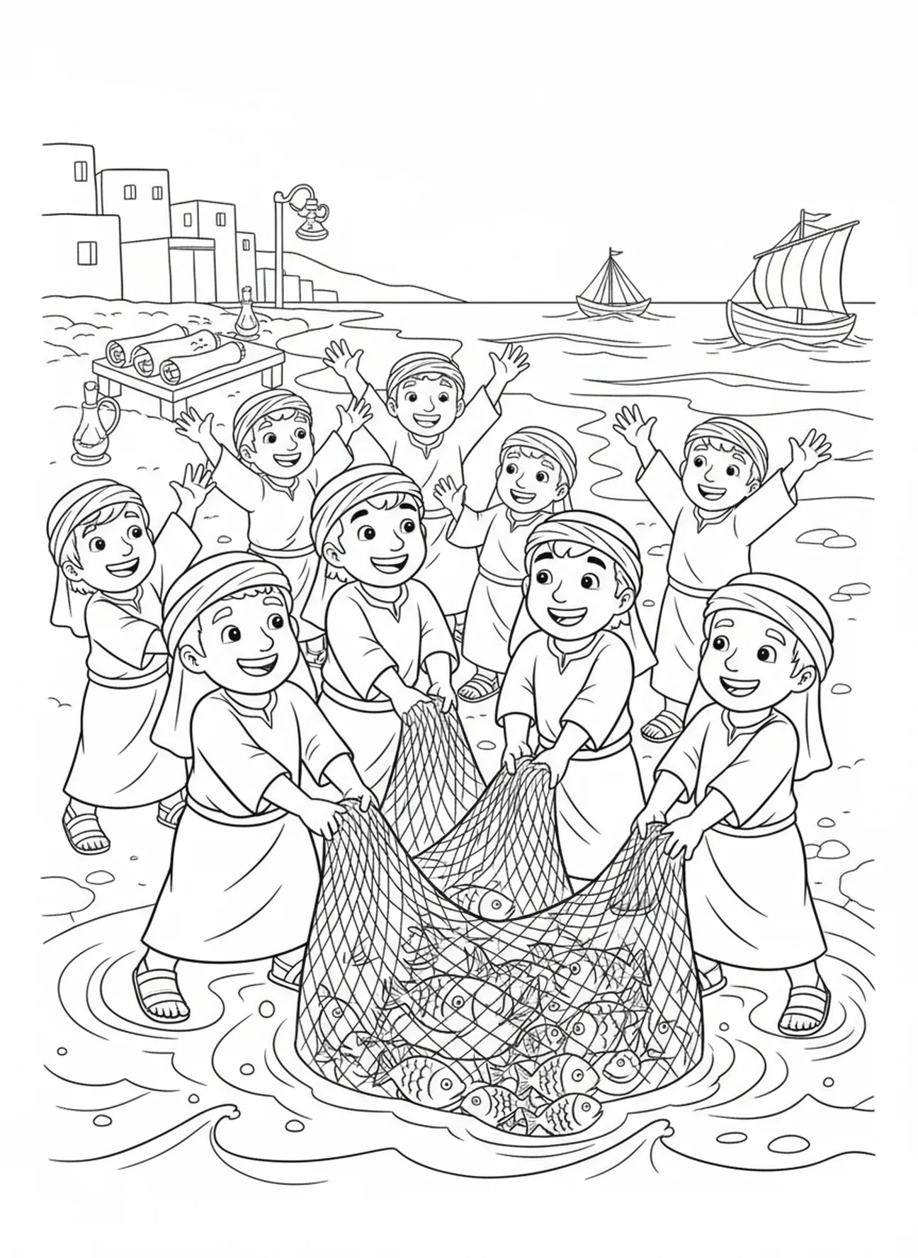 Netze voller Fische, Ausmalbild vom Netz voller Fische für Sonntagsschulkinder im Alter von 5-12 Jahren