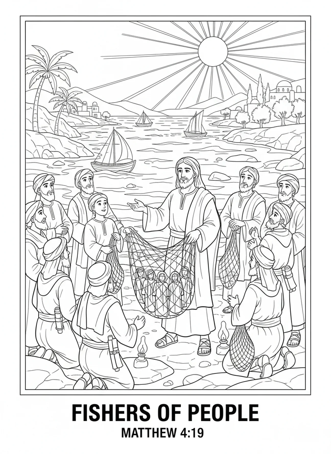 Jünger inspiriert von Jesus, Ausmalbild Netze voller Fische für die Sonntagsschule Kinder im Alter von 5-12 Jahren