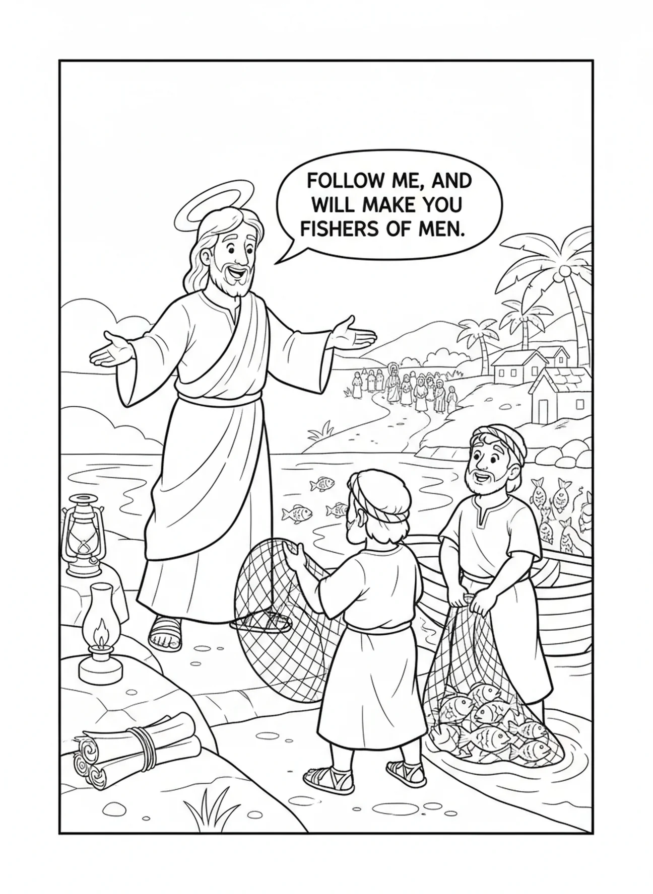 Jesus ermutigt Fischer, Ausmalbild Netze voller Fische für die Sonntagsschule Kinder im Alter von 5-12 Jahren