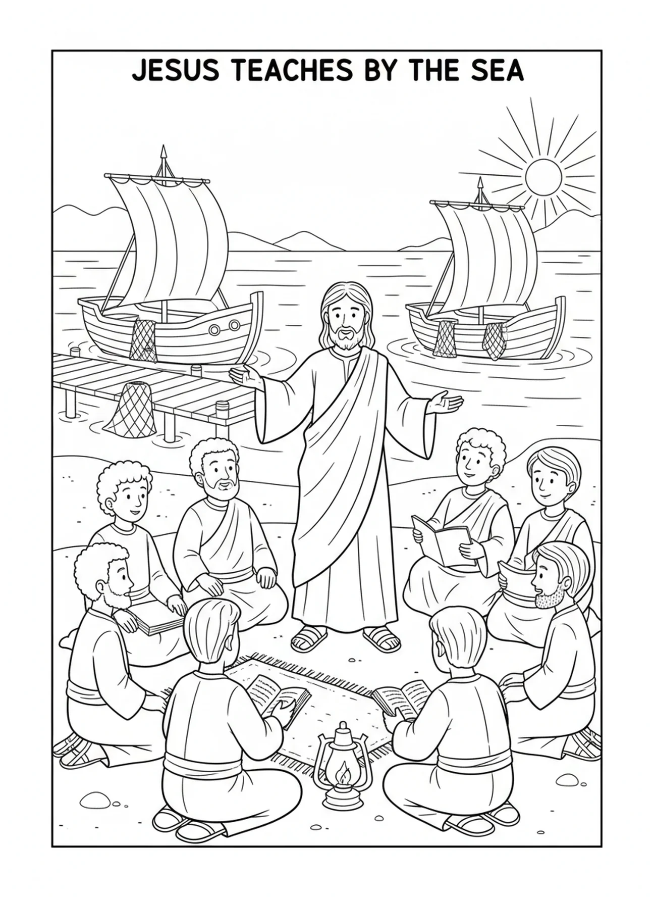 Jesus lehrt die Jünger, Ausmalbild Netz mit Fischen für die Sonntagsschule Kinder im Alter von 5-12 Jahren