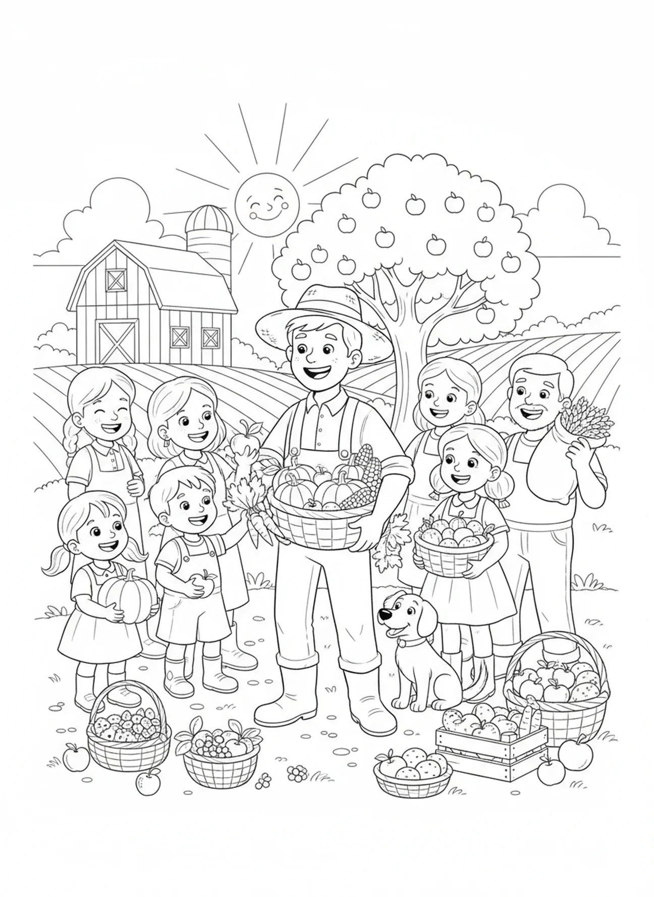 Agricultor compartilhando a colheita com amigos, página de colorir da Parábola do Semeador para crianças de 5 a 10 anos.