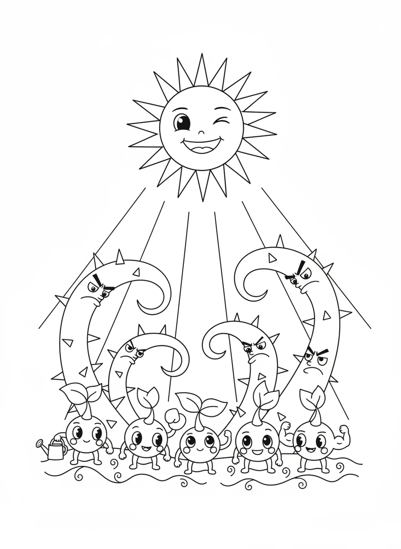 Petites plantes et épines, page à colorier de la Parabole du Semencier parmi les Épines pour les enfants de 5 à 10 ans.