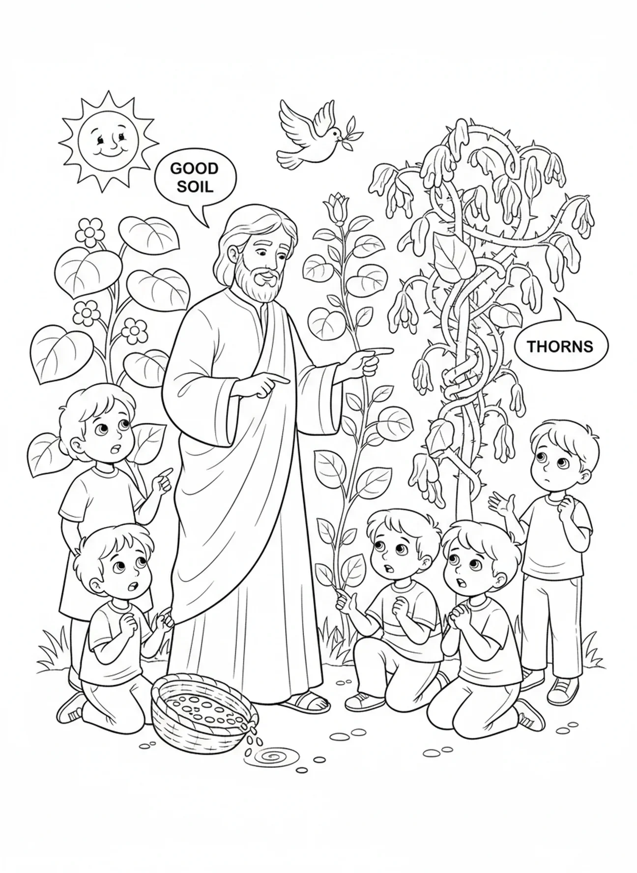 Semeur enseignant aux enfants, page à colorier sur la Parabole du Semeur et des Épines pour les enfants de 5 à 10 ans.