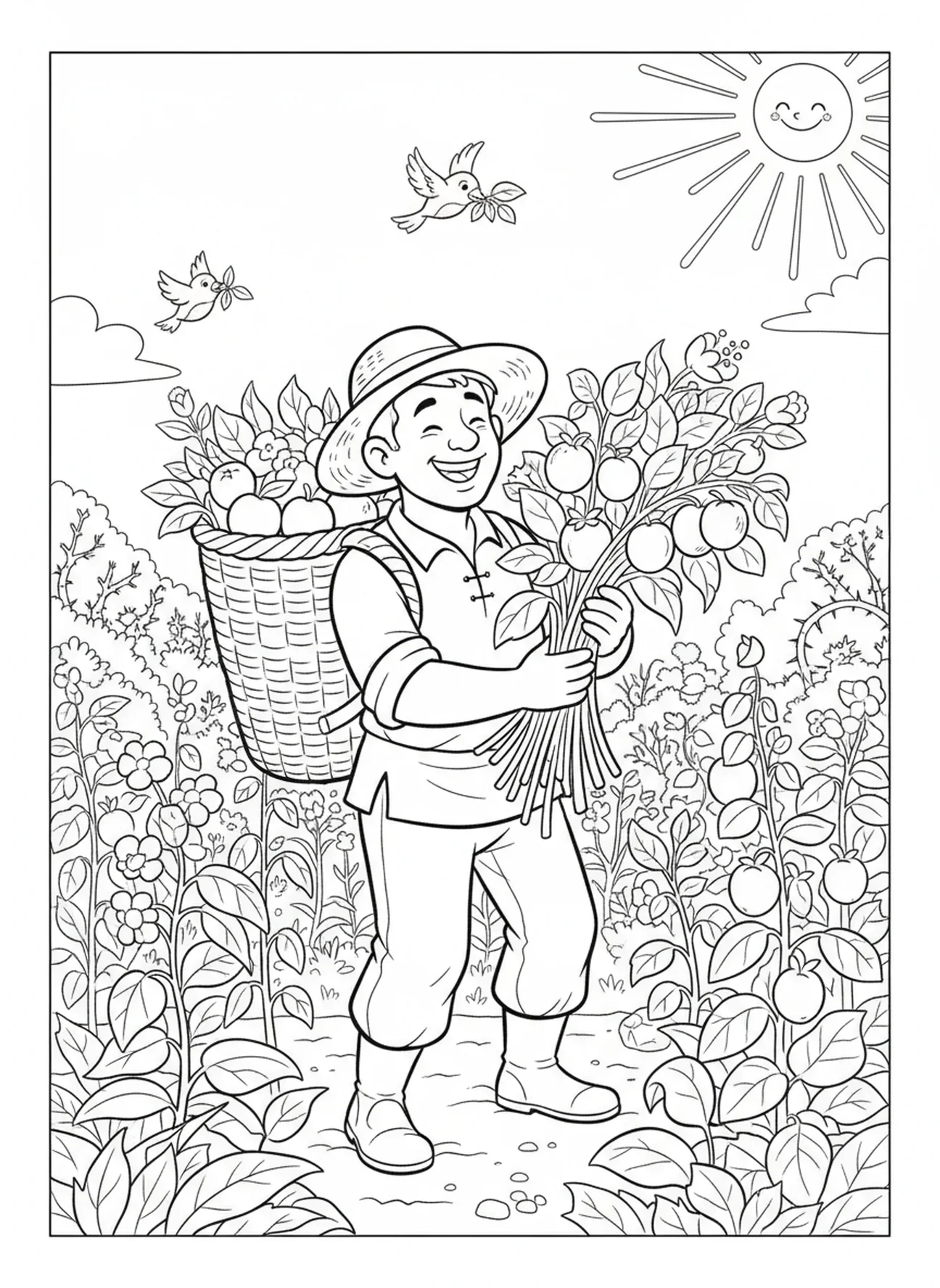 Semeur joyeux avec récolte, page à colorier de la Parabole du Semeur et des Épines pour les enfants de 5 à 10 ans.
