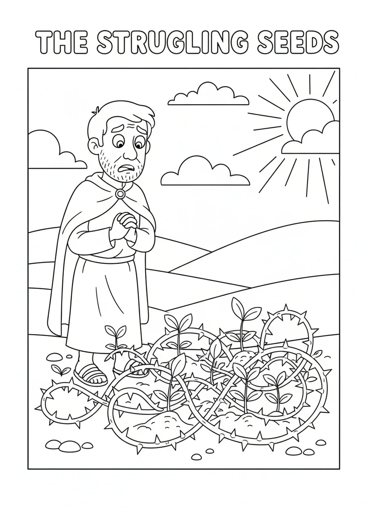 Semeur inquiet, page à colorier sur la Parabole du Semeur et des Épines pour les enfants de 5 à 10 ans.