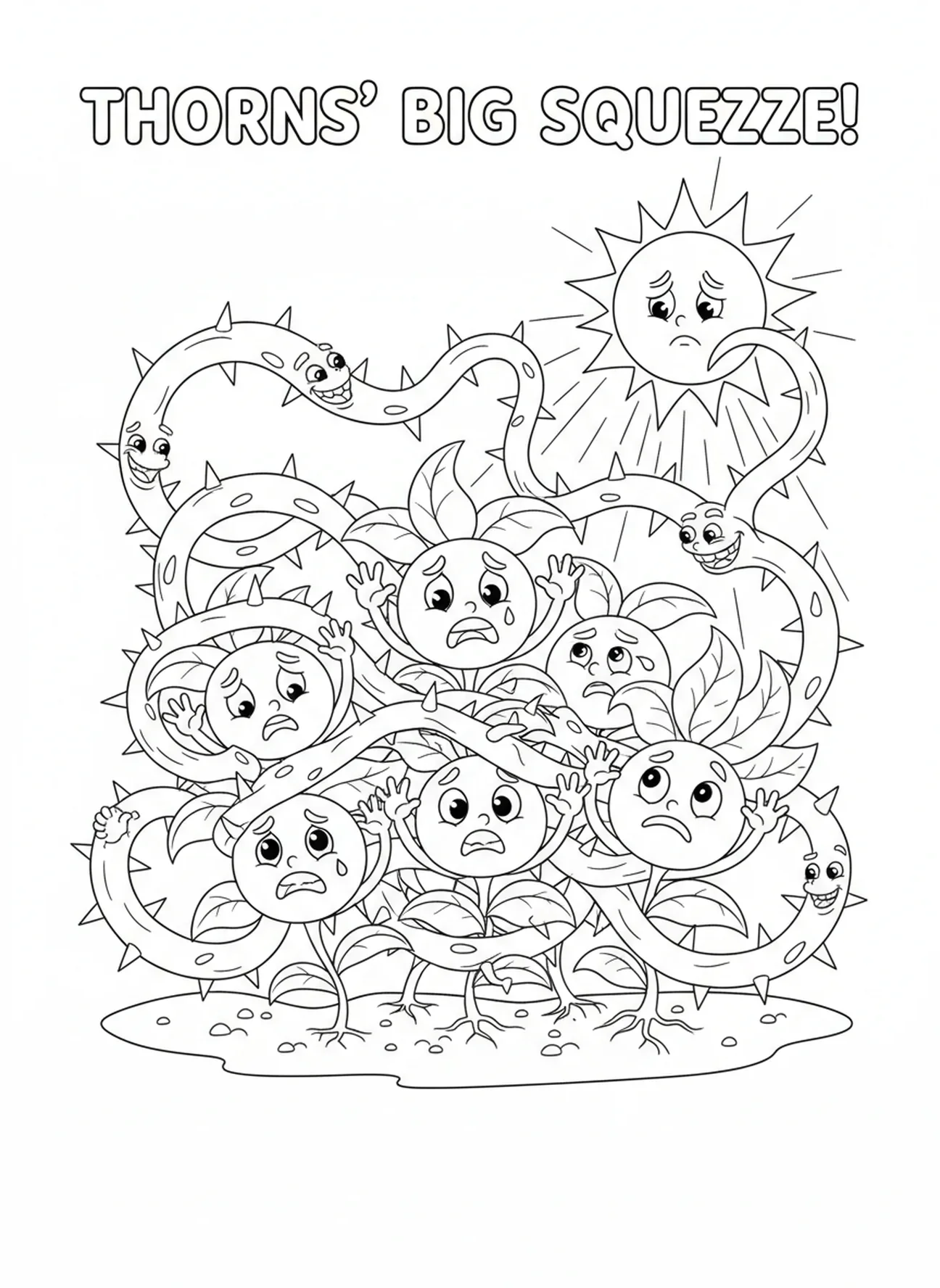 Épines étouffant les plantes, page à colorier sur la Parabole du Semeur et des Épines pour les enfants de 5 à 10 ans.