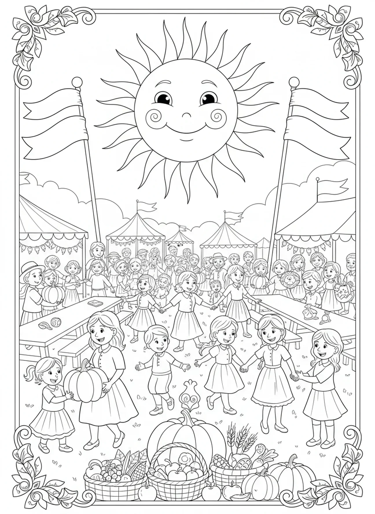 Famílias celebrando o festival da colheita, página de colorir da Parábola do Semeador em Solo Bom para crianças de 5 a 10 anos.