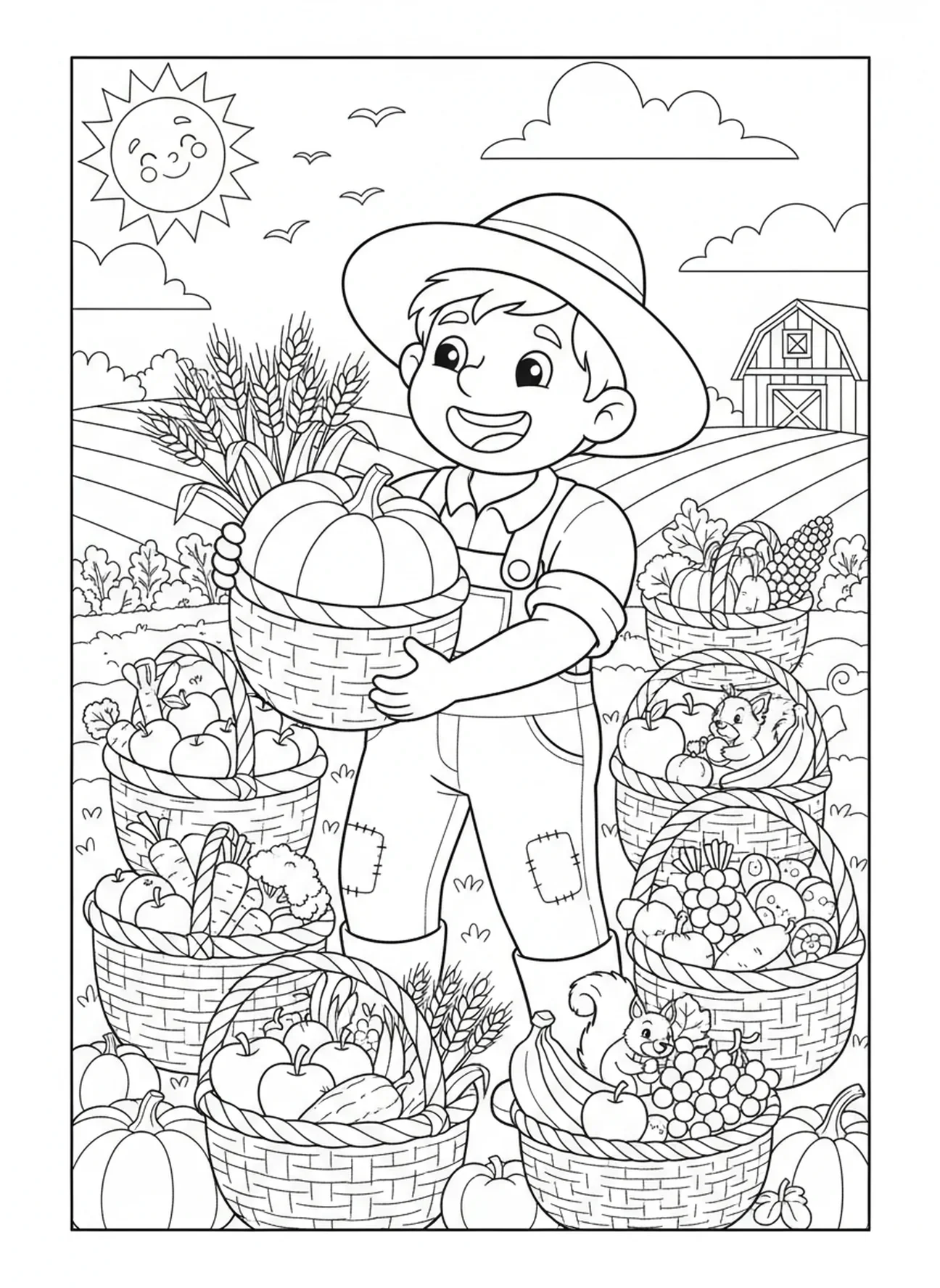 Semeador feliz colhendo frutos maduros, página de colorir da Parábola do Semeador em Solo Bom para crianças de 5 a 10 anos.