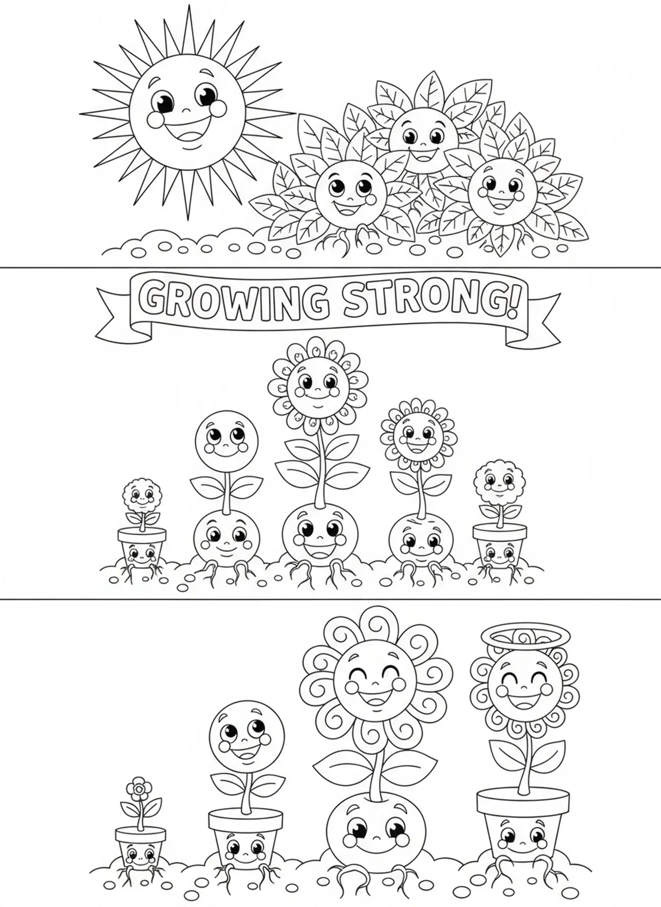 Plantas felizes crescendo do solo, página de colorir da Parábola do Semeador em Solo Bom para crianças de 5 a 10 anos.