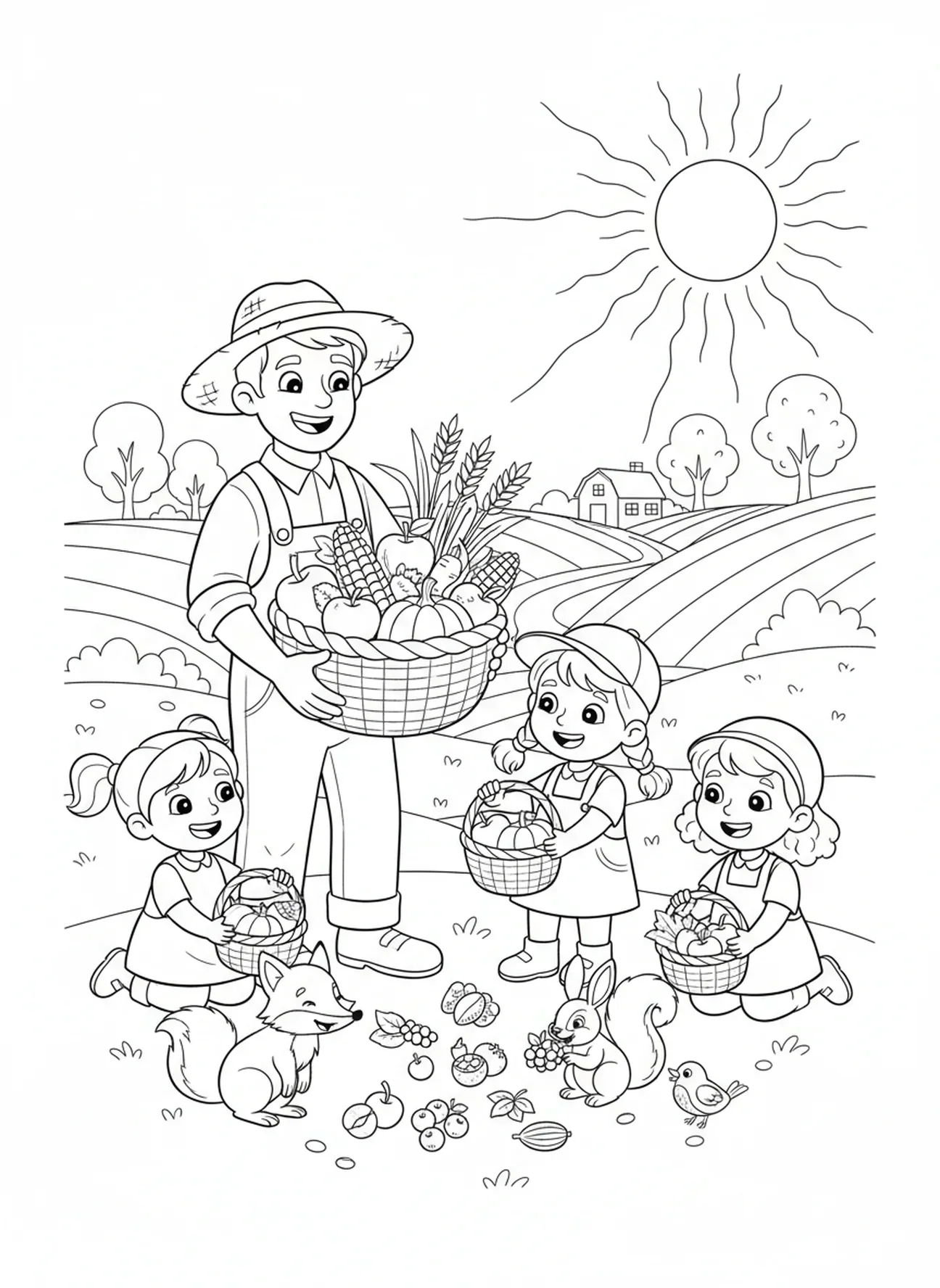 Sembrador compartilhando a colheita com crianças e animais, página para colorir da Parábola do Sembrador sobre Solo Bom para crianças de 5 a 10 anos.