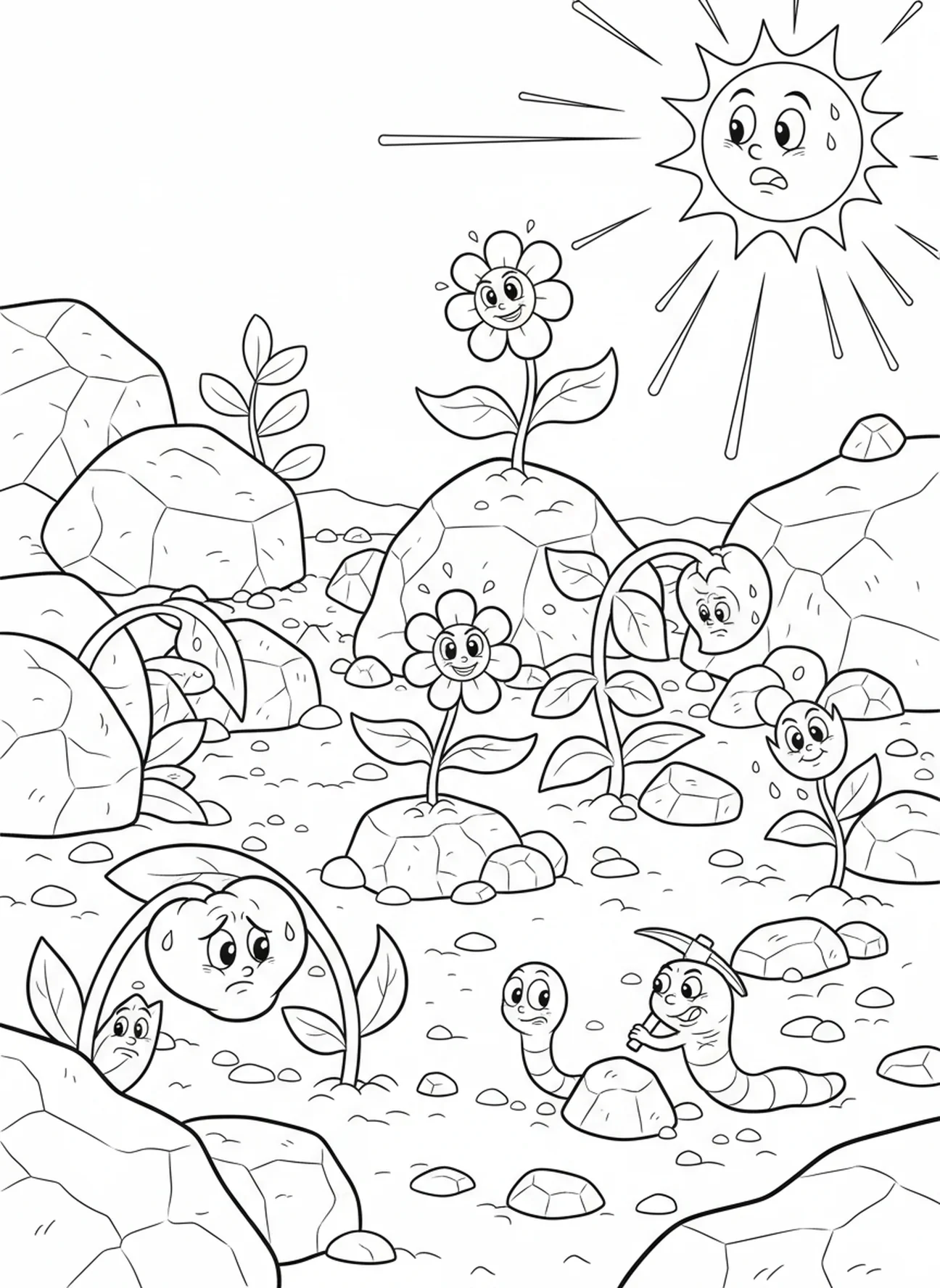 Steiniger Boden mit Pflanzen, Ausmalbild zur Gleichnis vom Sämann auf steinigem Boden für Kinder im Alter von 5-10 Jahren