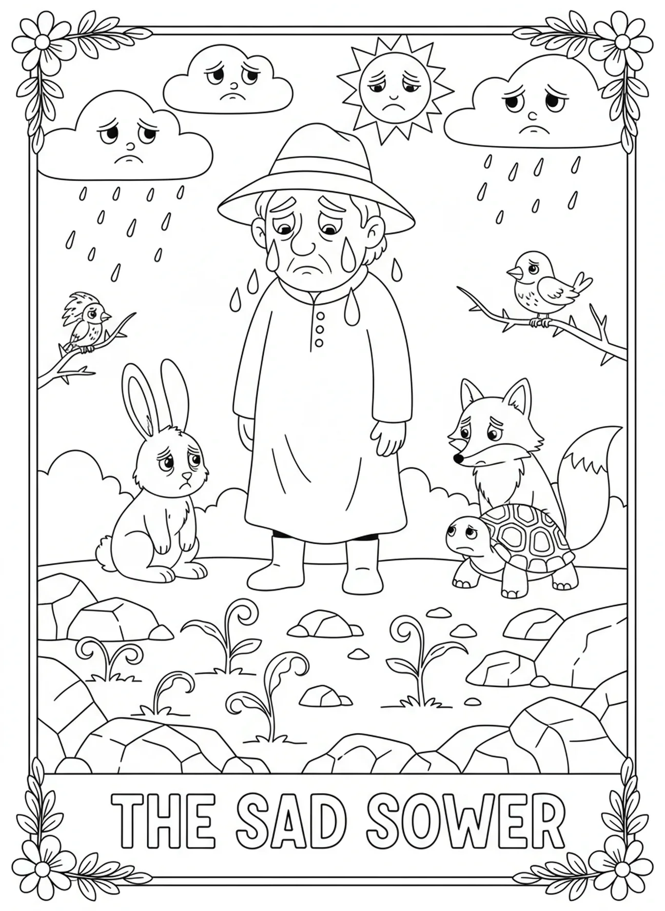 Säer schaut traurig, Gleichnis vom Säemann auf steinigem Boden Ausmalbild für Kinder im Alter von 5-10 Jahren
