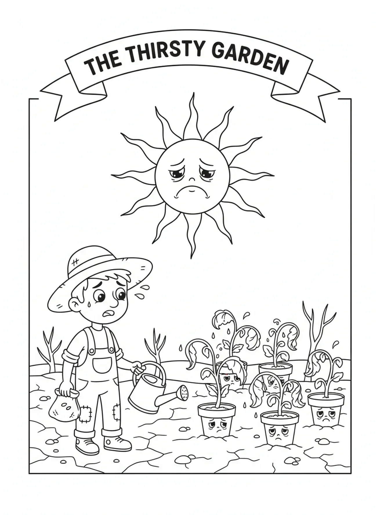 Verwelkte Pflanzen unter der Sonne, Ausmalbild zur Parabel vom Sämann auf steinigem Boden für Kinder im Alter von 5-10 Jahren