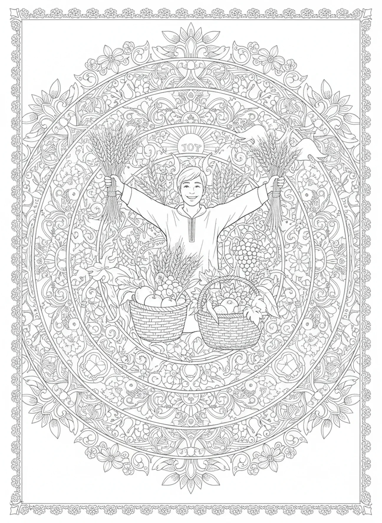 Säer, der die Ernte einsammelt, Ausmalbild zur Parabel vom Säer im Stil des Bibel-Journaling für Erwachsene.