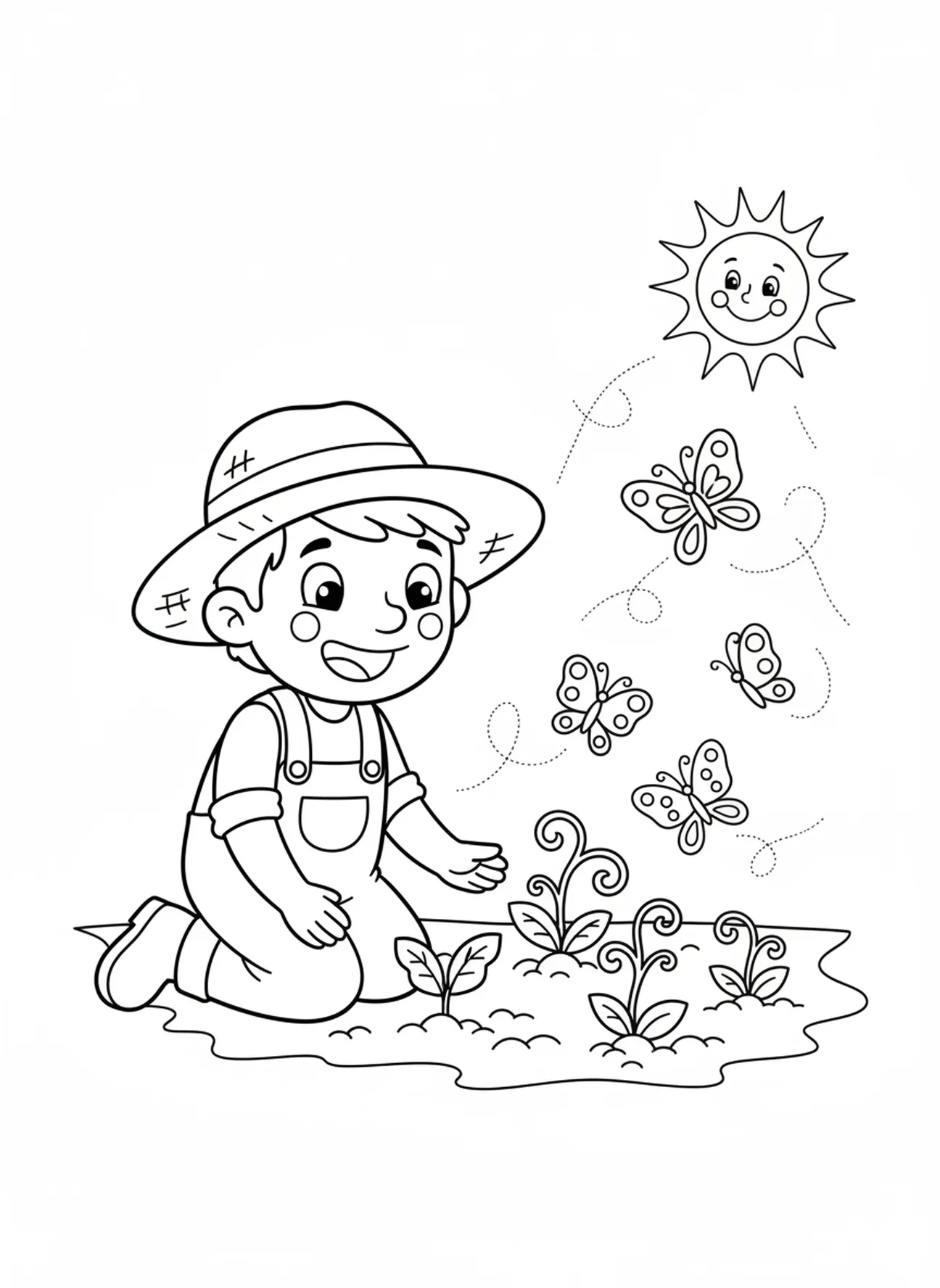 Feliz agricultor observando plantas brotando, página de colorir da Parábola do Semeador para crianças de 5 a 10 anos