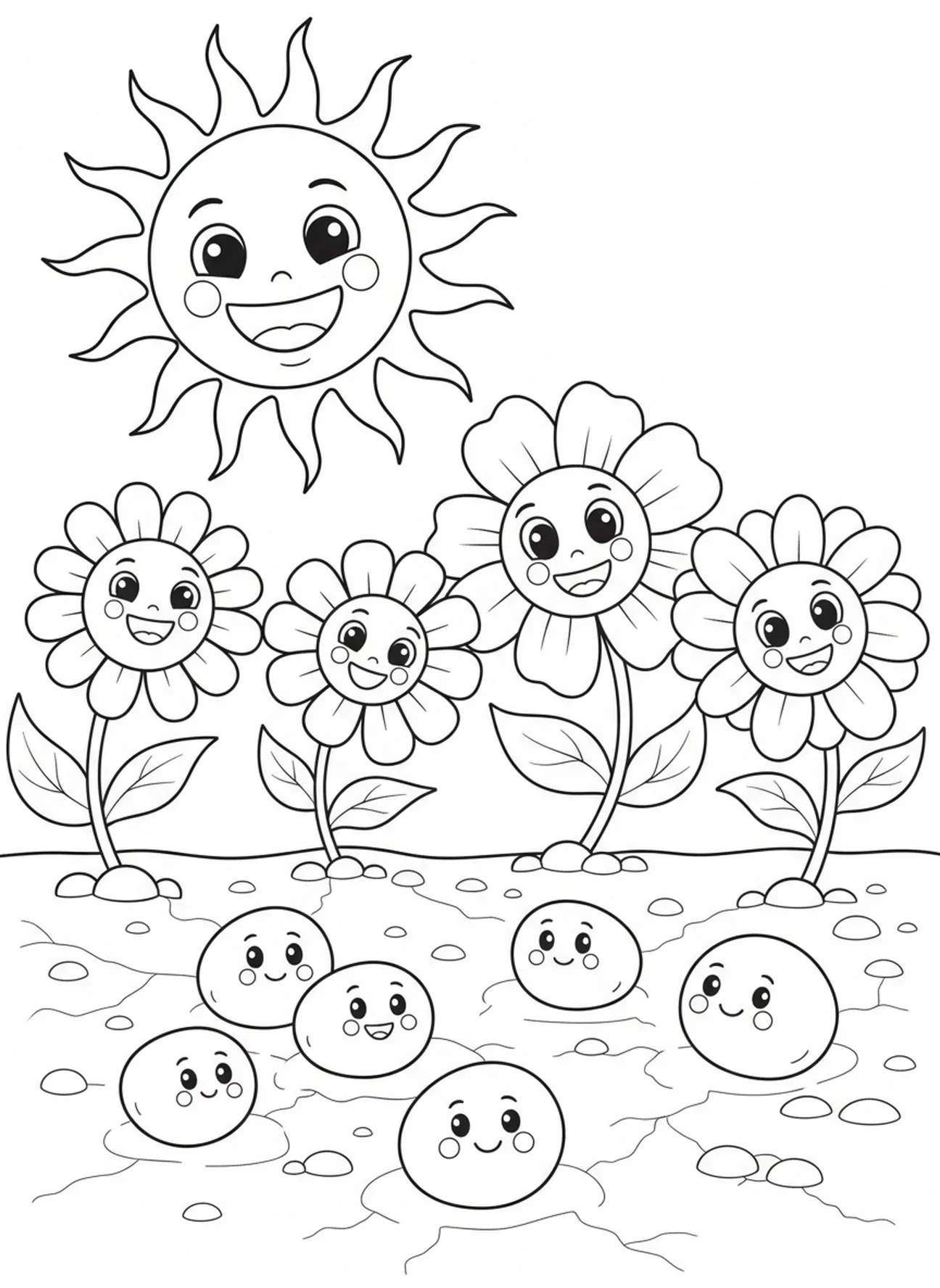 Sementes espalhadas no chão com sol sorridente, página para colorir a Parábola do Semeador para crianças de 5 a 10 anos