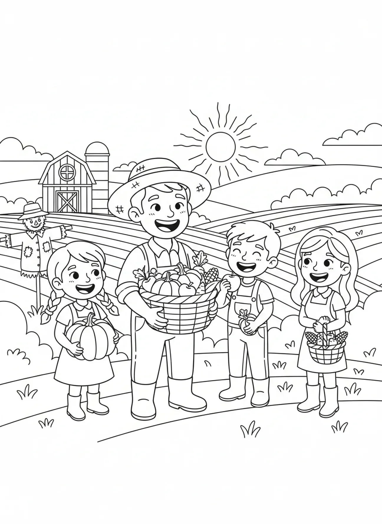 Agricultor compartilhando a colheita com amigos em um campo ensolarado, página de colorir da Parábola do Semeador para crianças de 5 a 10 anos