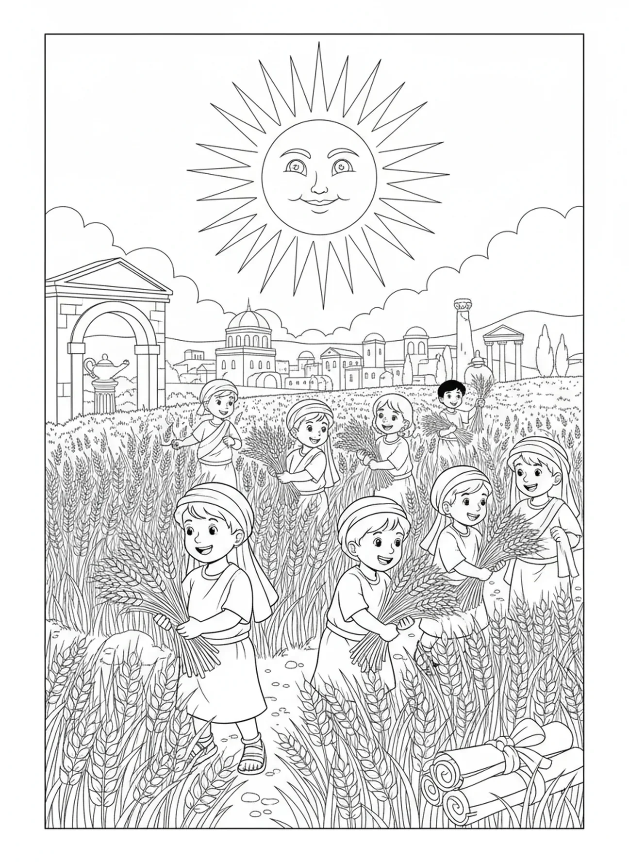 Üppige Weizenernte, Ausmalbild zur Parabel vom Sämann für Kinder in der Sonntagsschule im Alter von 5-12 Jahren