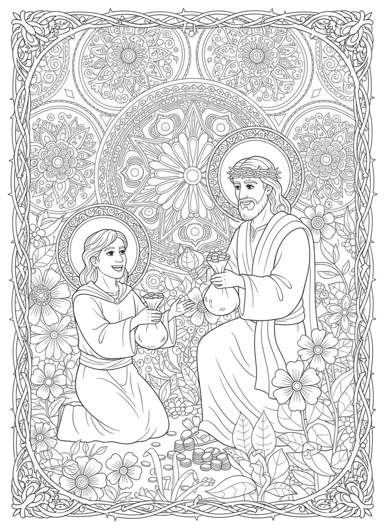 Erster Diener präsentiert Talente, Gleichnis von den Talenten Malvorlage für Erwachsene im Bibel-Journaling-Stil.