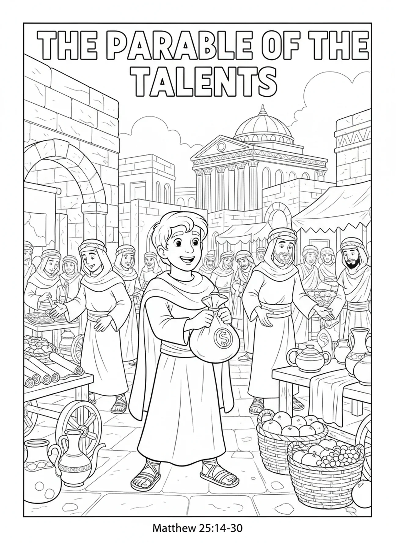 Premier serviteur investissant, page à colorier de la Parabole des Talents pour les enfants de l'École du dimanche âgés de 5 à 12 ans
