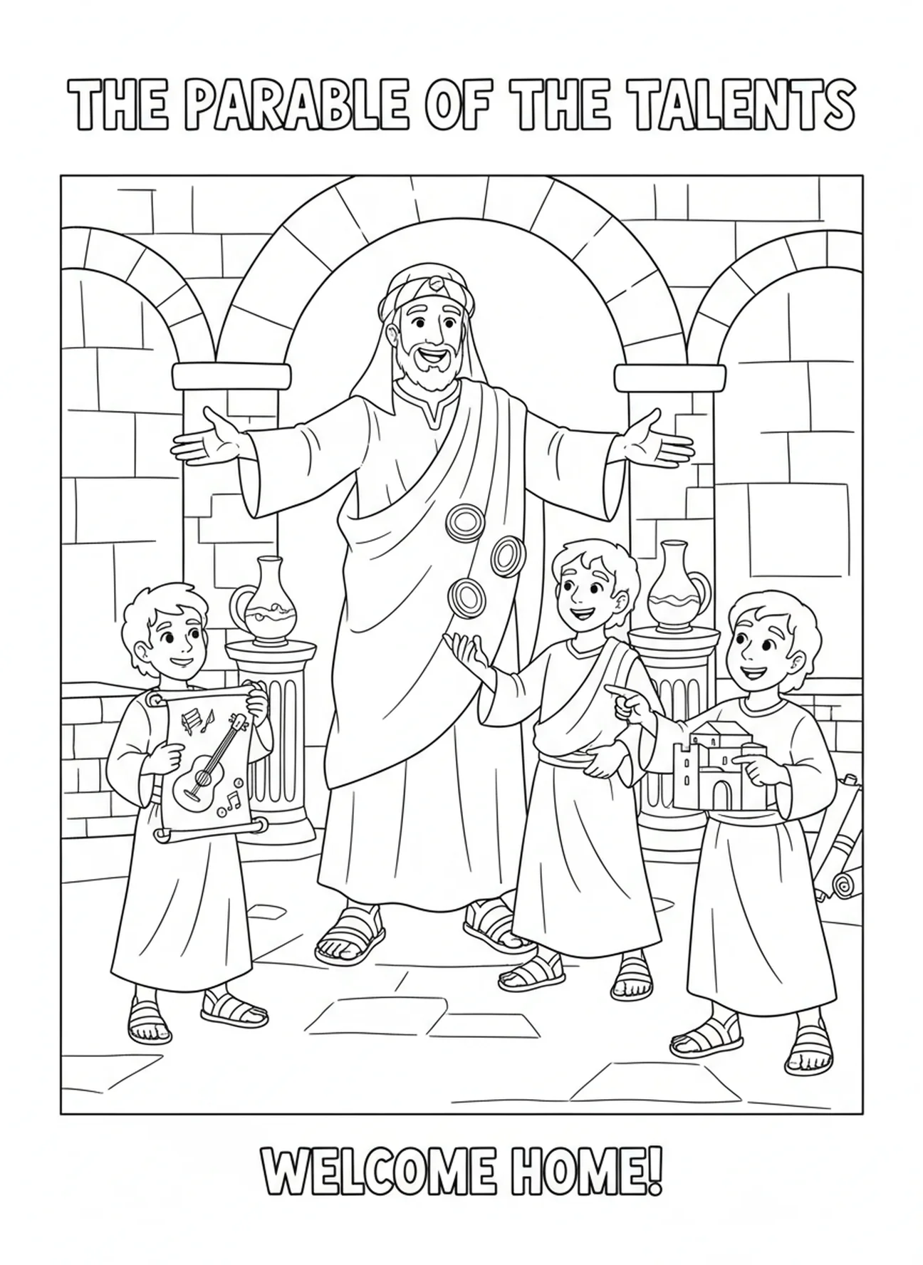 Maître revenant, page à colorier de la Parabole des Talents pour les enfants de l'École du dimanche âgés de 5 à 12 ans