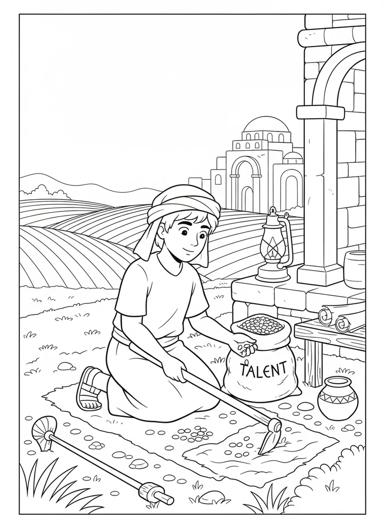 Deuxième serviteur au travail, page à colorier de la Parabole des Talents pour les enfants de l'École du dimanche âgés de 5 à 12 ans