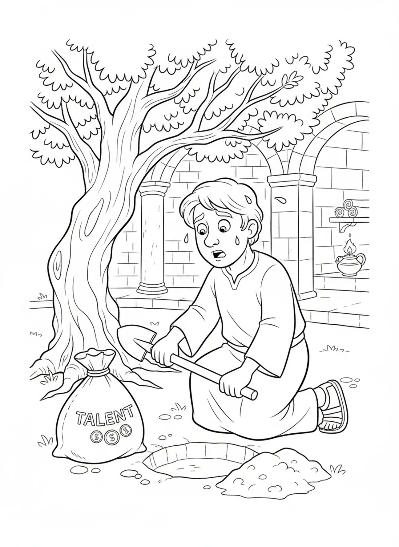 Troisième serviteur enterré, page à colorier de la Parabole des Talents pour les enfants de l'École du dimanche âgés de 5 à 12 ans