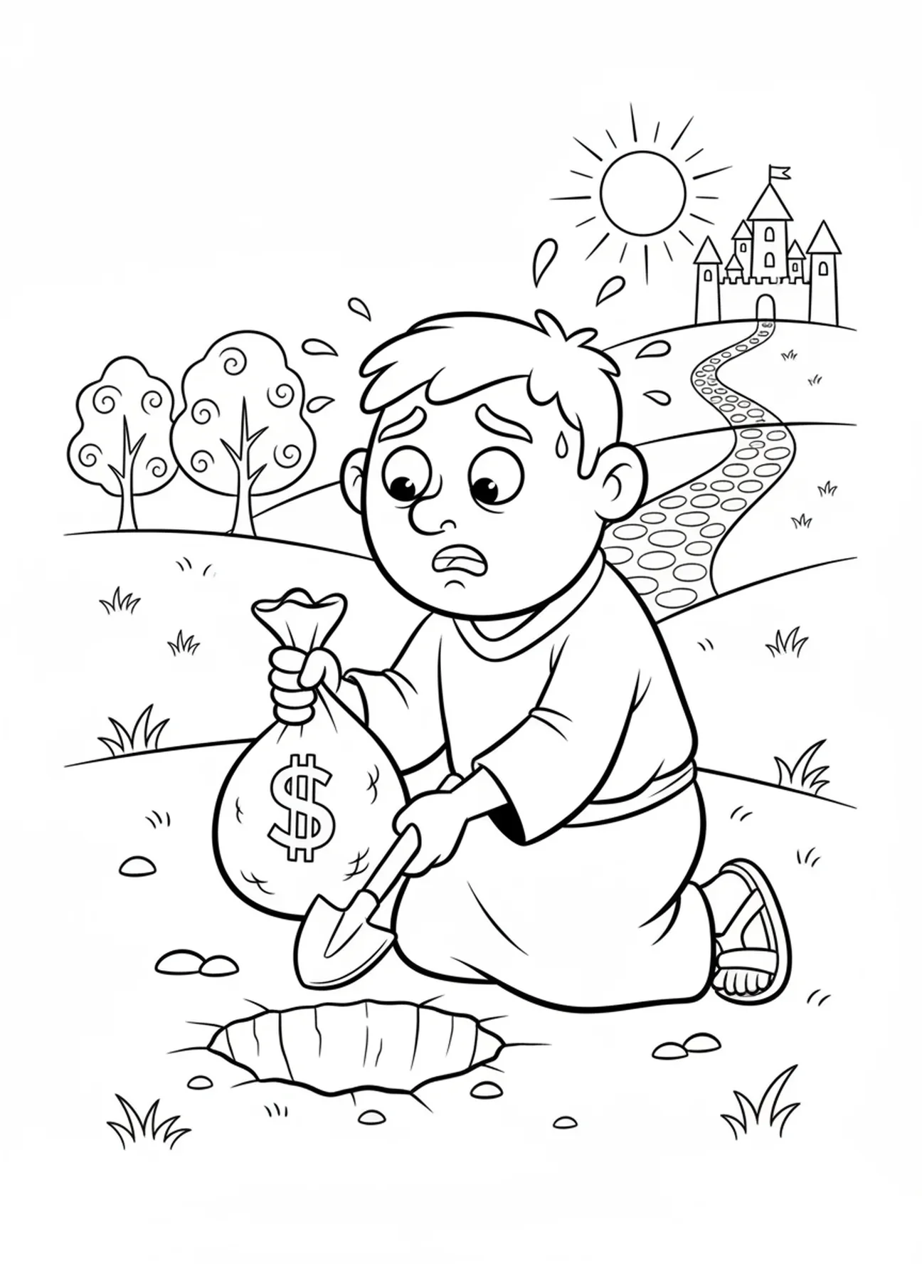 Diener vergräbt Gold, Gleichnis von den Talenten Malvorlage für Kinder im Alter von 5-10 Jahren.