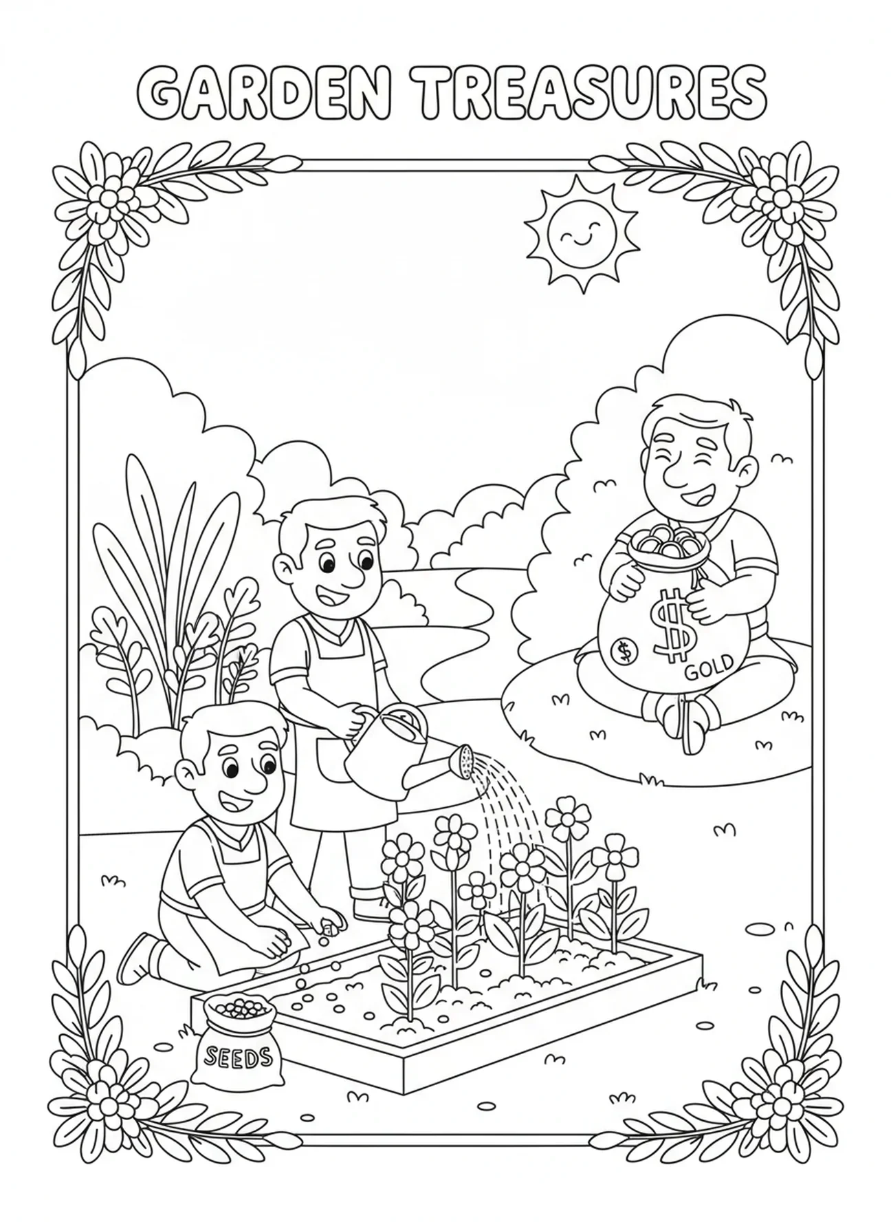Zwei Diener arbeiten im Garten, Ausmalbild zur Parabel von den Talenten für Kinder im Alter von 5-10 Jahren.