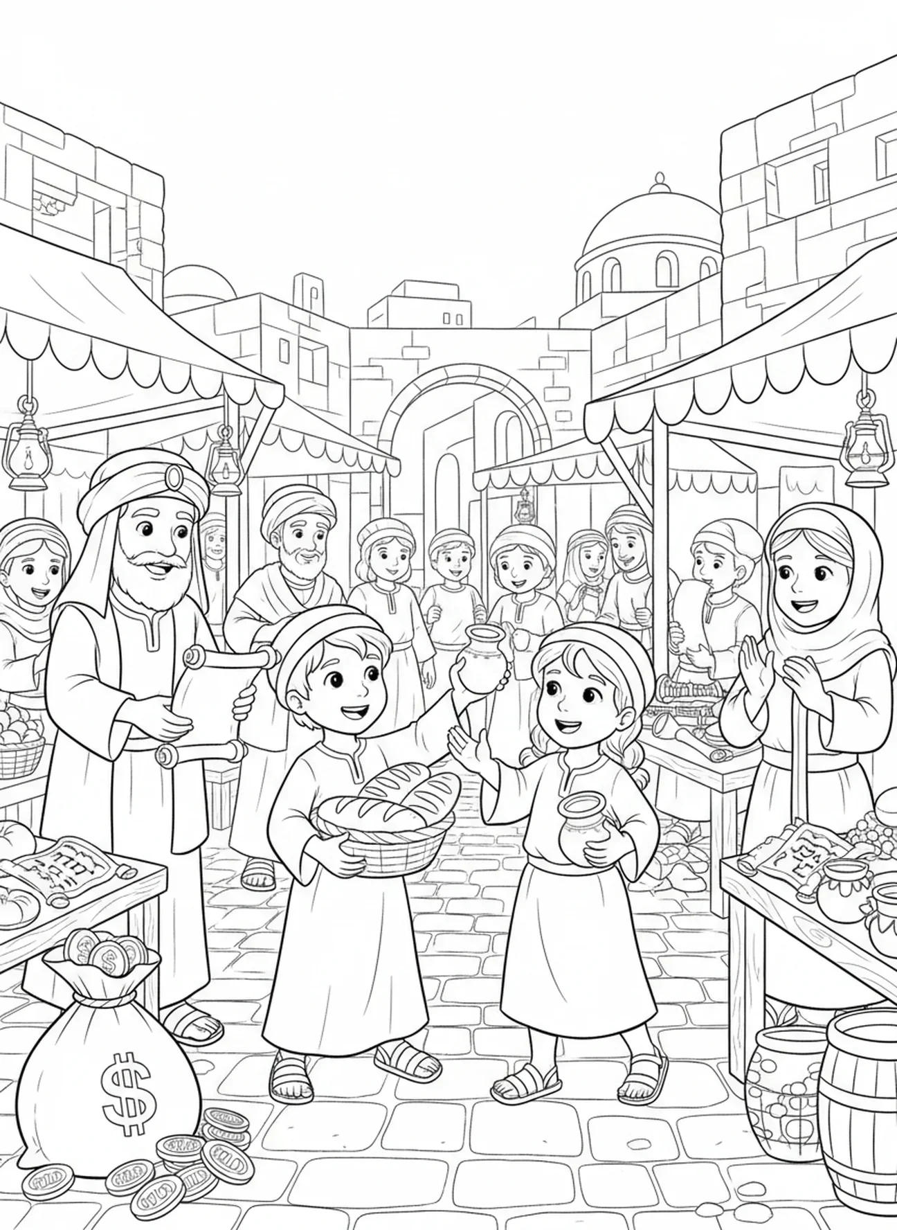 Diener handeln auf dem Markt, Gleichnis von den Talenten Malvorlage für Sonntagsschulkinder im Alter von 5-12 Jahren.