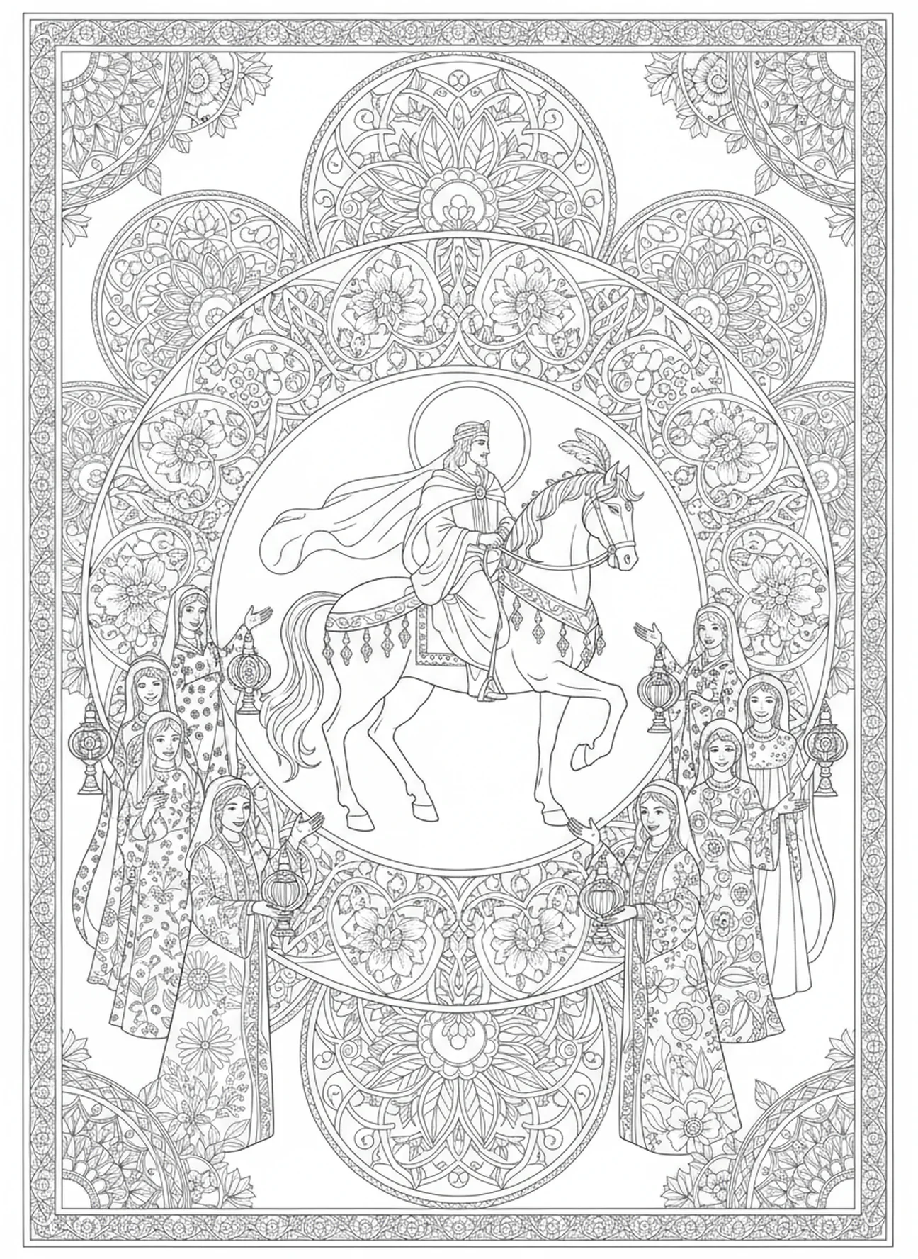 Der Bräutigam auf einem Pferd, Ausmalbild der Parabel von den zehn Jungfrauen für Erwachsene im Stil des Bibeljournaling
