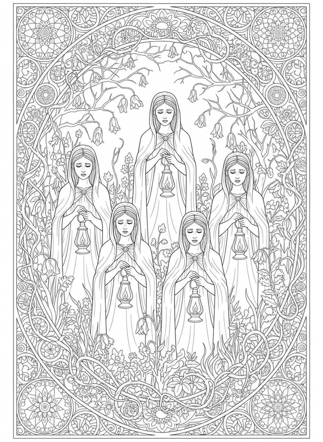 Fünf törichte Jungfrauen, Gleichnis von den zehn Jungfrauen Ausmalbild für Erwachsene im Bibel-Journaling-Stil