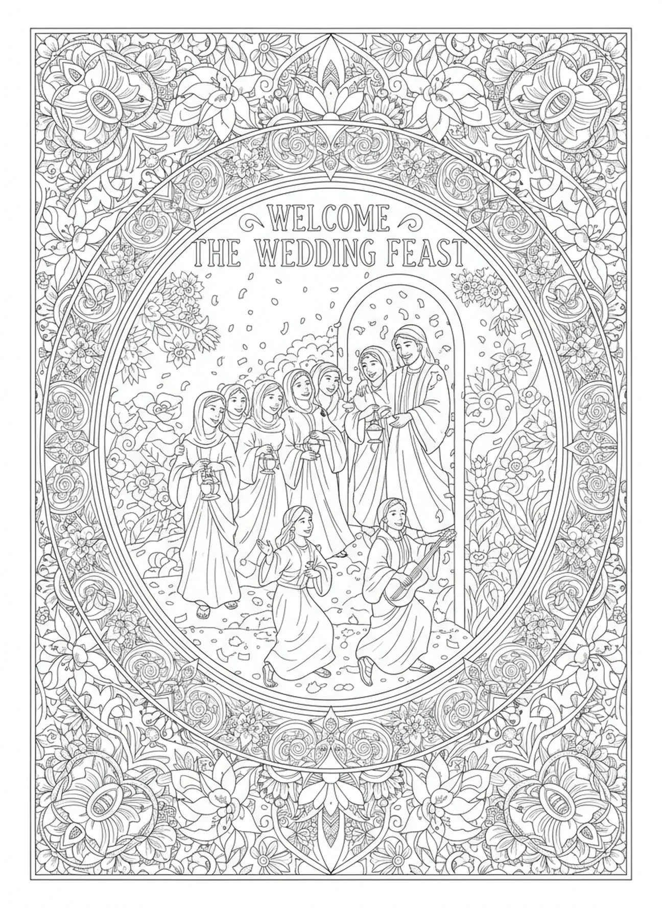 Die klugen Jungfrauen betreten das Fest, Gleichnis von den zehn Jungfrauen, Ausmalbild für Erwachsene im Bibel-Journaling-Stil