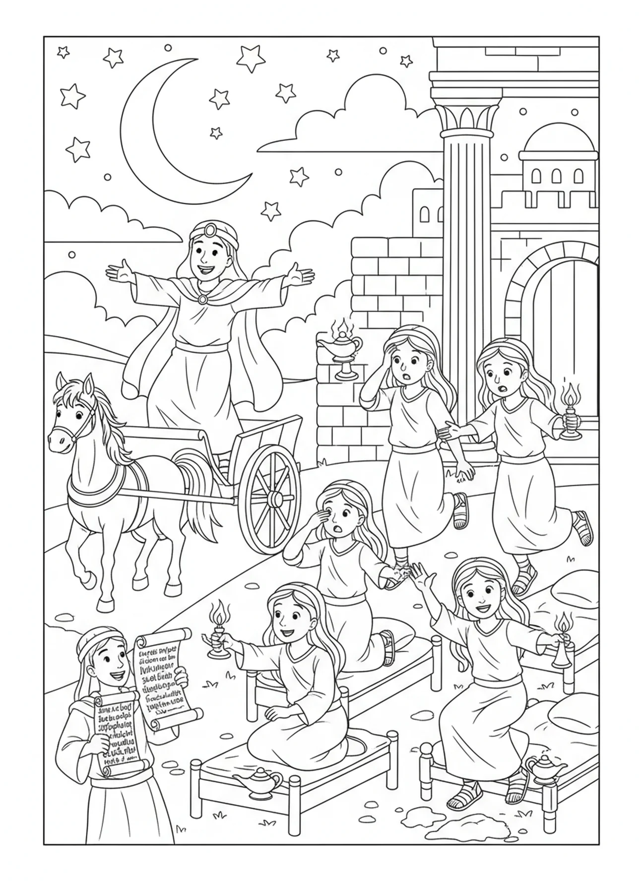Noivo chegando alegremente, página para colorir da Parábola das Dez Virgens para crianças da Escola Dominical de 5 a 12 anos.