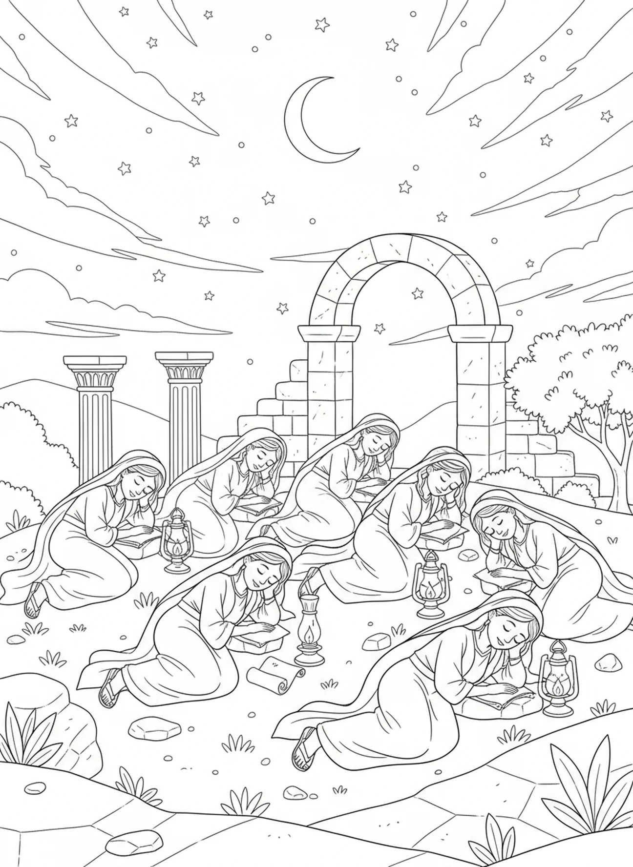 Dez virgens adormecidas sob as estrelas, página de colorir da Parábola das Dez Virgens e suas Lâmpadas para crianças da Escola Dominical de 5 a 12 anos.