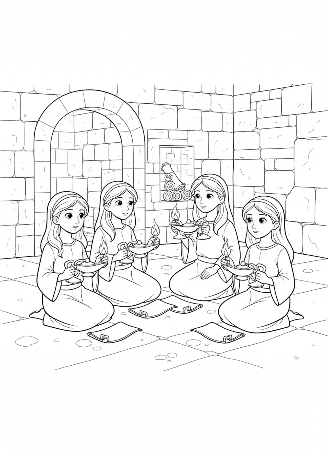 Cinco virgens esperando, página de colorir da Parábola das Dez Virgens para crianças da Escola Dominical de 5 a 12 anos.