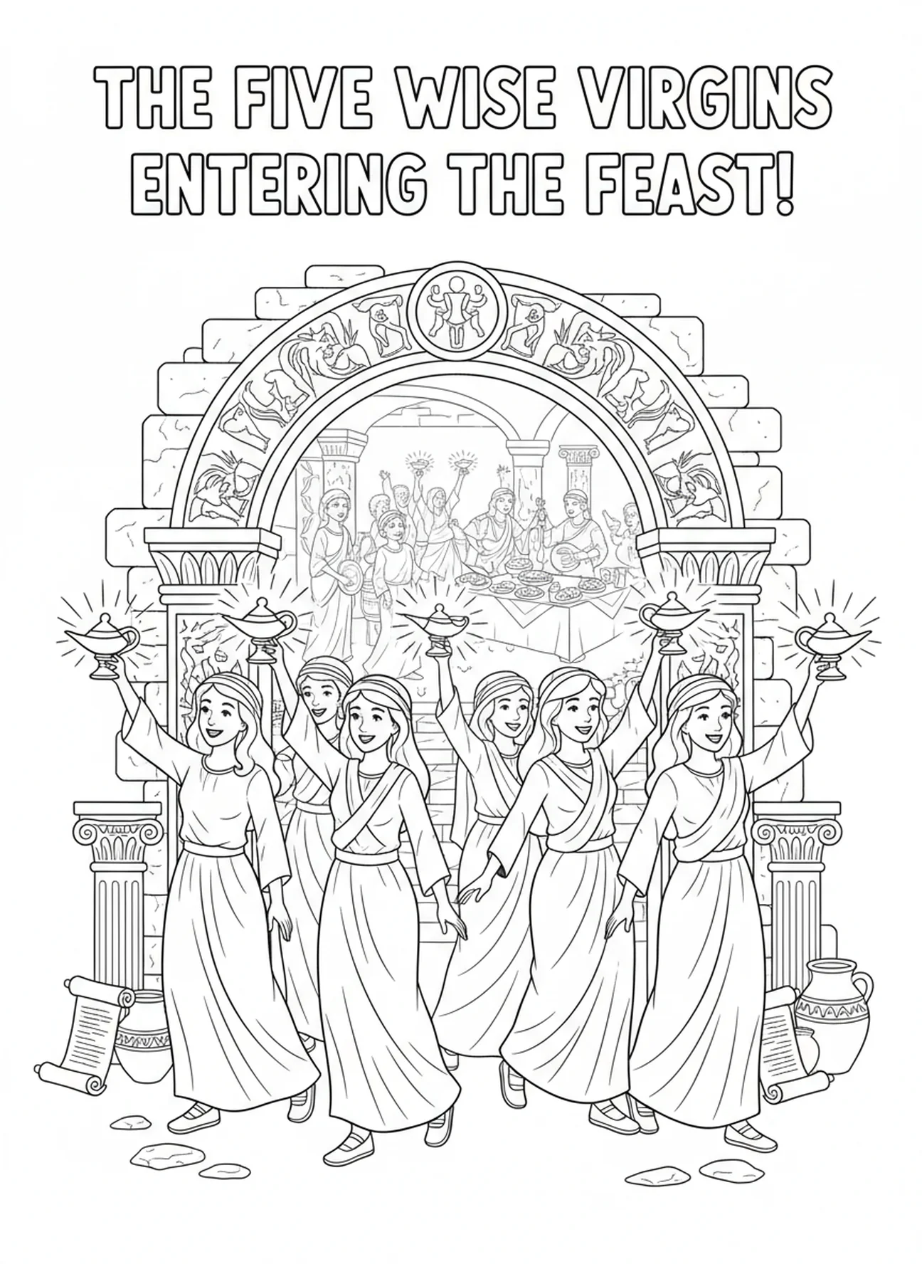 Virgens sábias entrando na festa de casamento, página para colorir da Parábola das Dez Virgens para crianças da Escola Dominical de 5 a 12 anos.