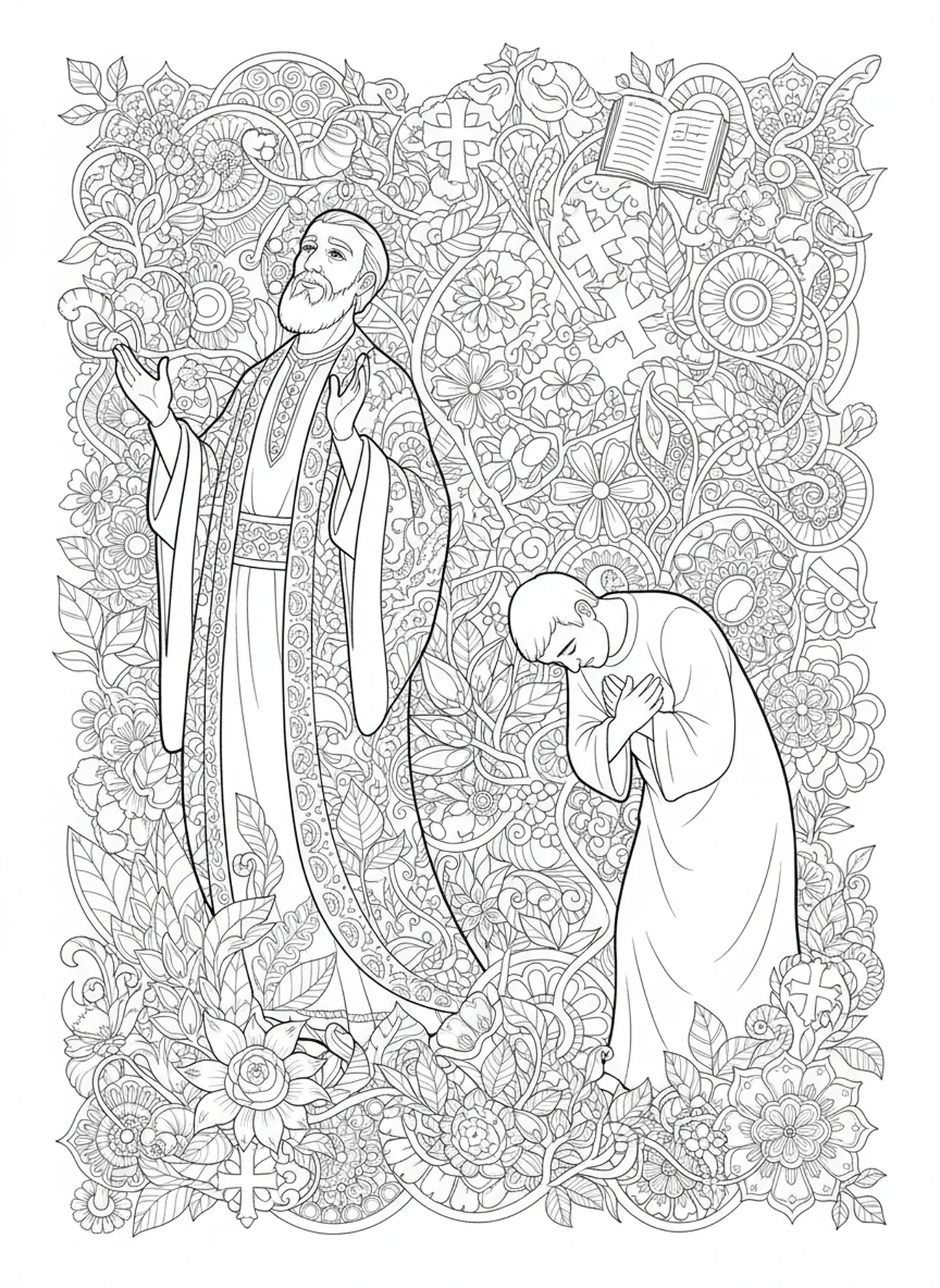 Página para colorear de oraciones contrastantes, Fariseo y Recaudador de Impuestos en estilo de journaling bíblico para adultos