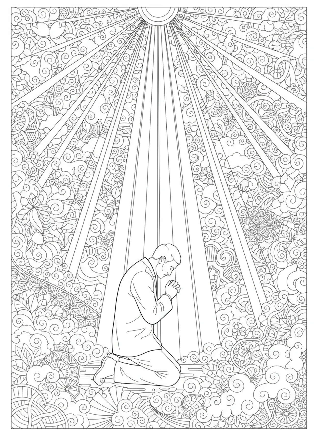 Luz celestial sobre el recaudador de impuestos, fariseo y recaudador de impuestos para colorear en estilo de journaling bíblico para adultos