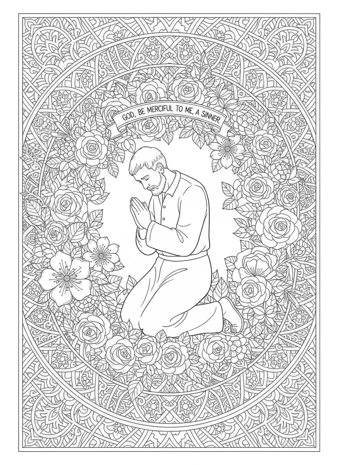 Recaudador de impuestos en humildad, página para colorear del Fariseo y el Recaudador de Impuestos al estilo de journaling bíblico para adultos