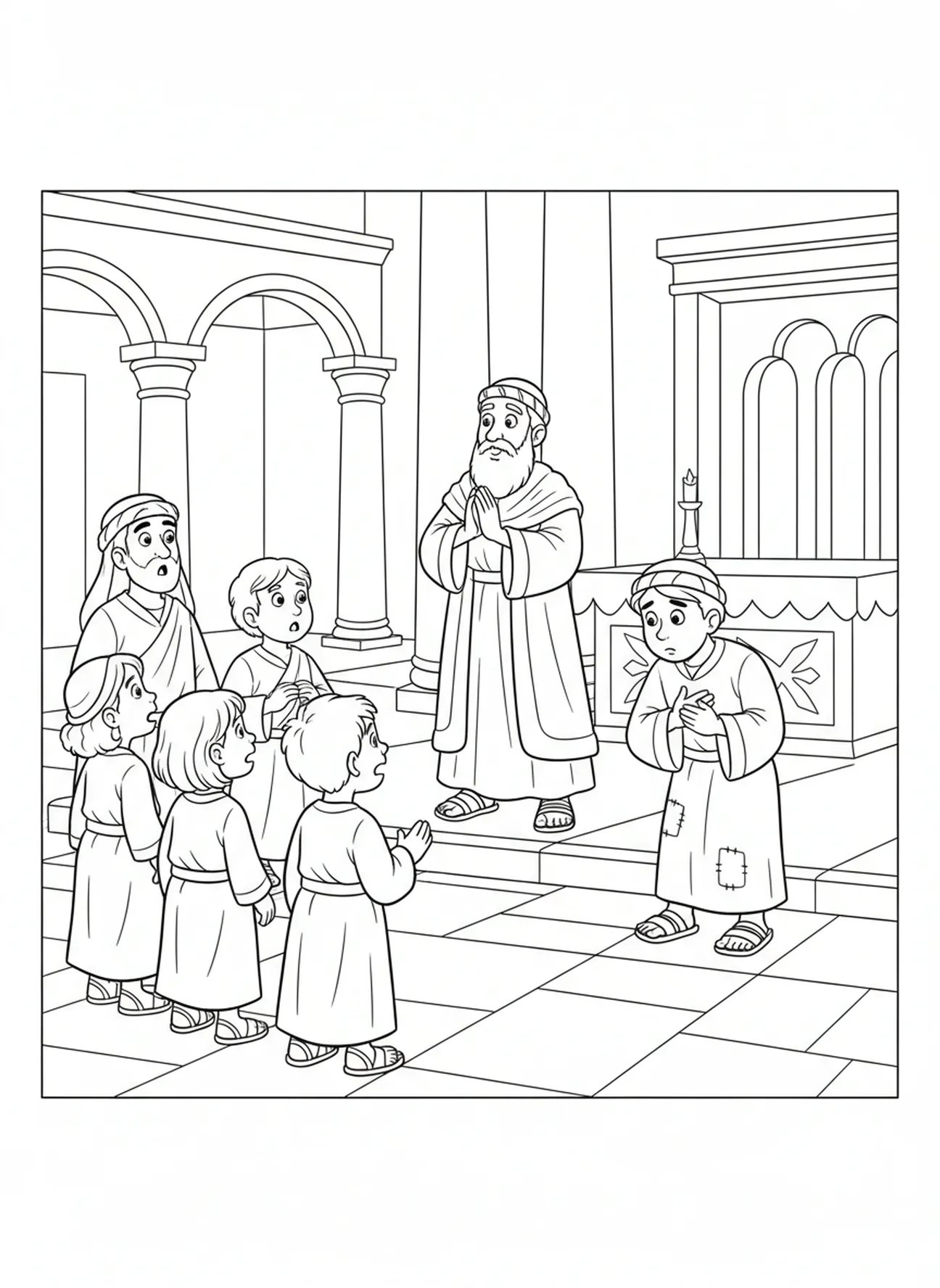 Foule observant, page à colorier du Pharisien et du Collecteur d'impôts pour les enfants de 5 à 10 ans