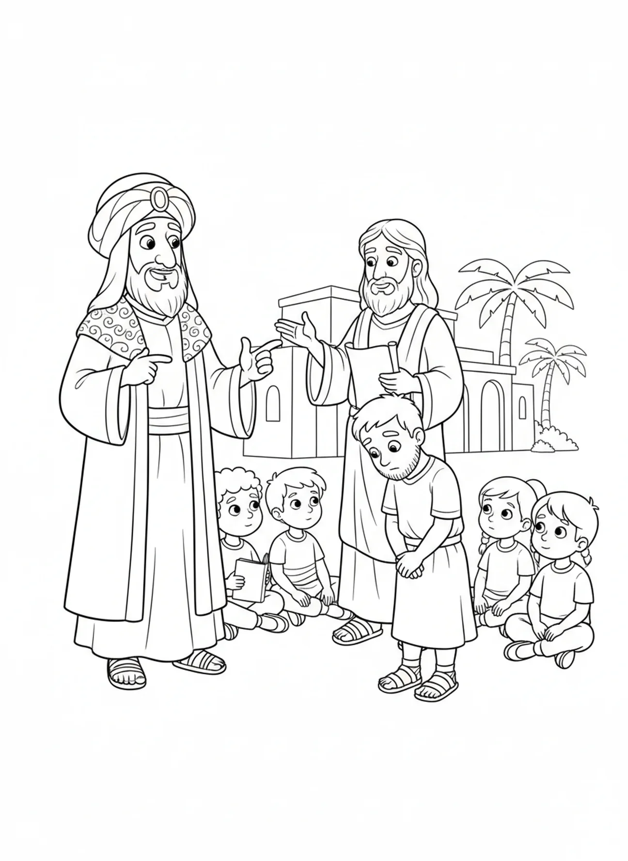 Page à colorier sur la leçon, le Pharisien et le Collecteur d'impôts pour les enfants de 5 à 10 ans