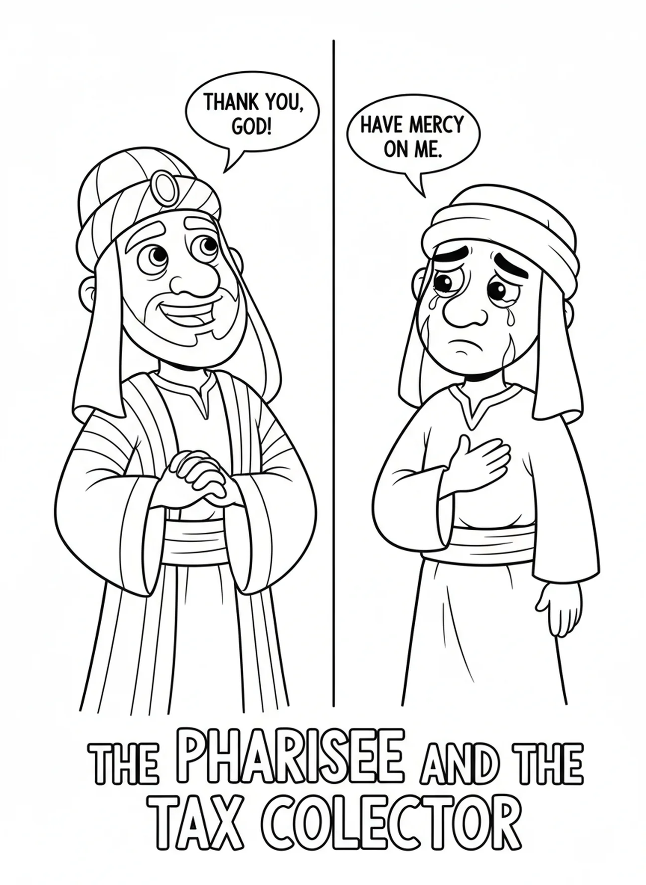 Pharisien et collecteur d'impôts, page à colorier Pharisien et Collecteur d'Impôts pour enfants de 5 à 10 ans