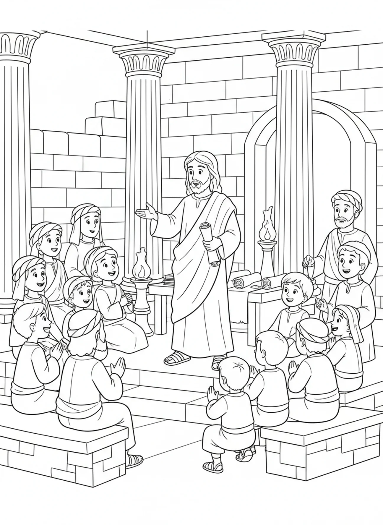 Multidão atenta ouvindo Jesus, página para colorir do Fariseu e do Coletor de Impostos para crianças da Escola Dominical de 5 a 12 anos