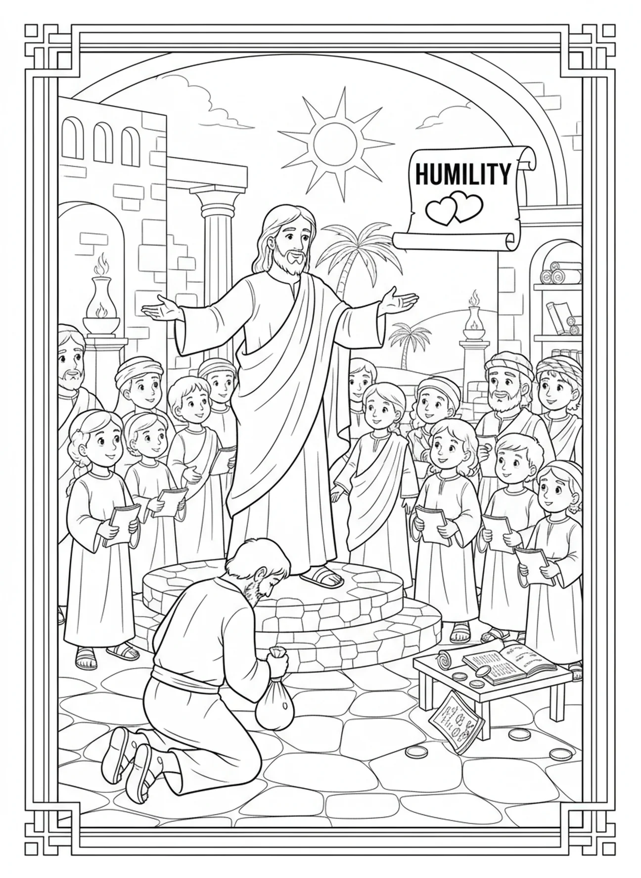 Jesus ensinando sobre humildade, página de colorir do Fariseu e do Coletor de Impostos para crianças da Escola Dominical de 5 a 12 anos