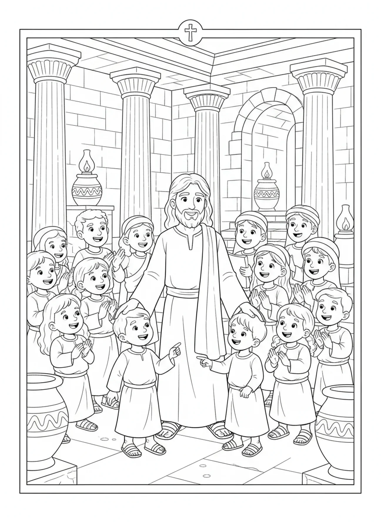 Jesus sorrindo, ensinando sobre humildade, página para colorir do Fariseu e do Coletor de Impostos para crianças da Escola Dominical de 5 a 12 anos