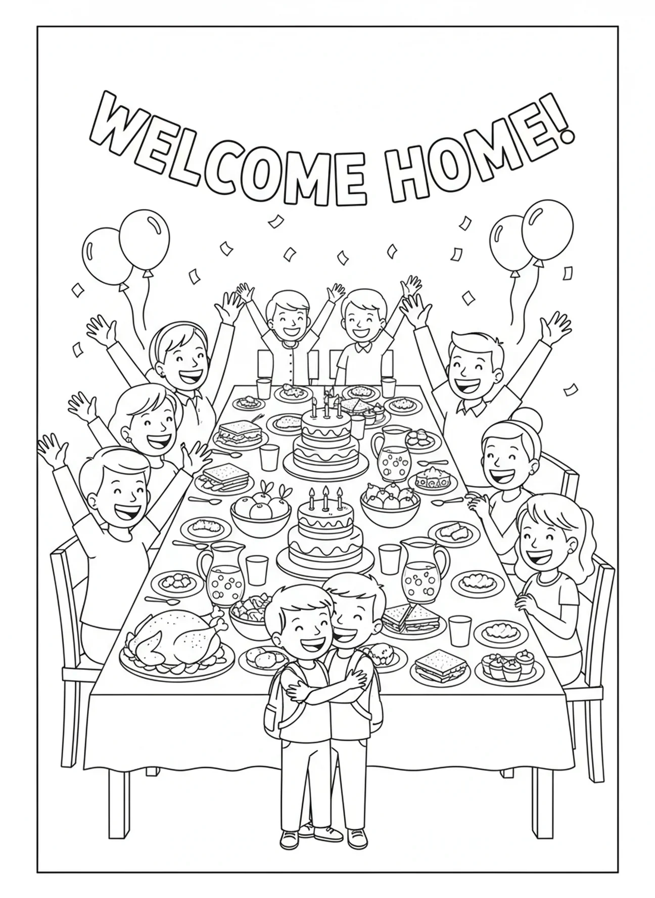 Mesa festiva com comida, página para colorir da Festa de Celebração do Filho Pródigo para crianças de 5 a 10 anos