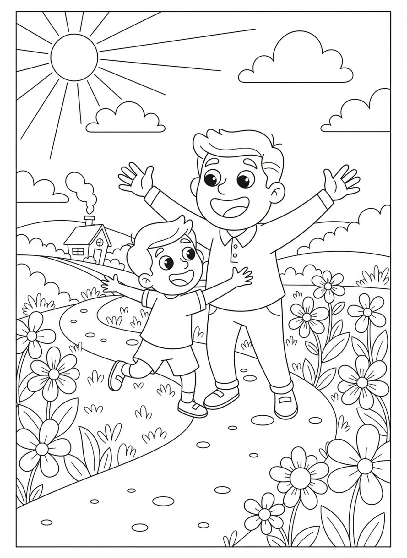 Vater empfängt Sohn, Ausmalbild vom barmherzigen Vater, der seinen Sohn umarmt, für Kinder im Alter von 5-10 Jahren